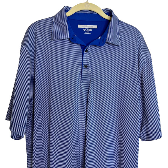 Greg Norman Play Dry Mens Polo Shirt Large Blue White Pinstriped Short Sleeve - Picture 2 of 6